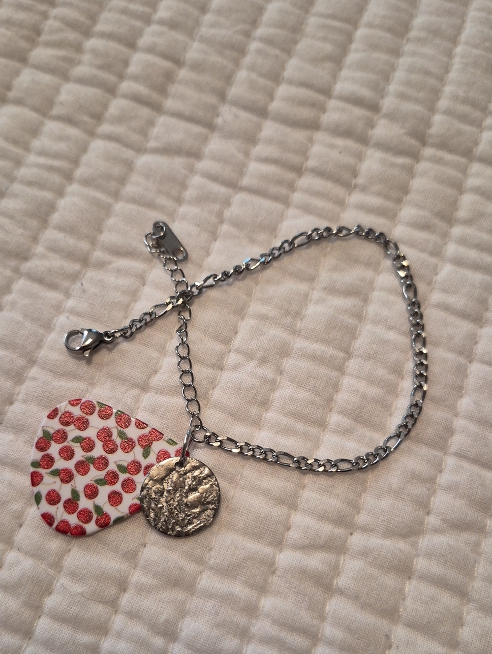 Stainless Steel Bracelet with Cherry Guitar Pick And Hammered Charm